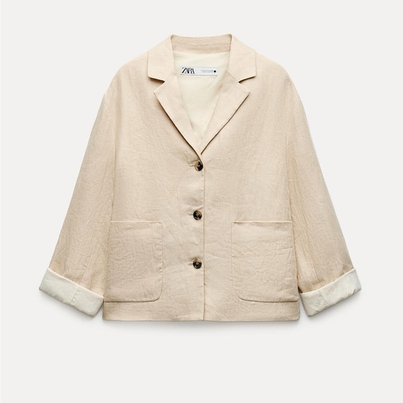 Zara 100% Linen Blazer Jacket Coat Beige Cream Neutral ZW Collection lined S NWT - Picture 4 of 16